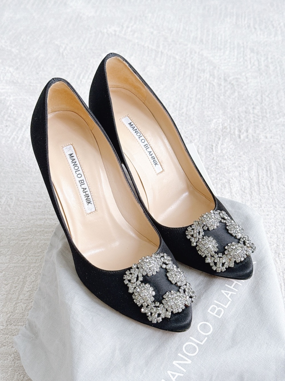 Manolo Blahnik Black Satin Hangisi Pointed Pumps